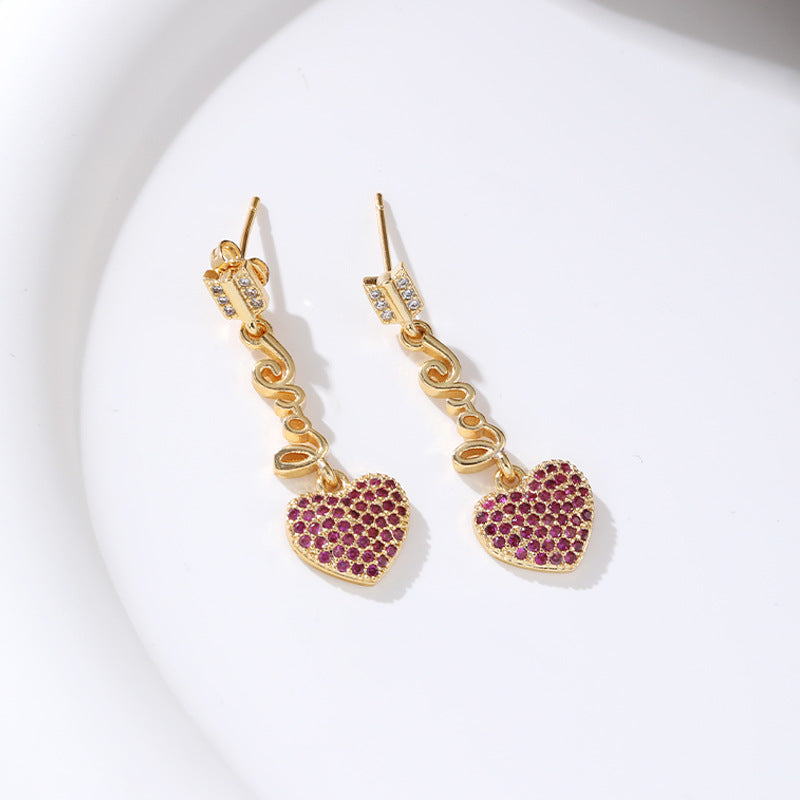 Wholesale Long Heart 18K Gold Micro-paved Zircon Copper Earrings